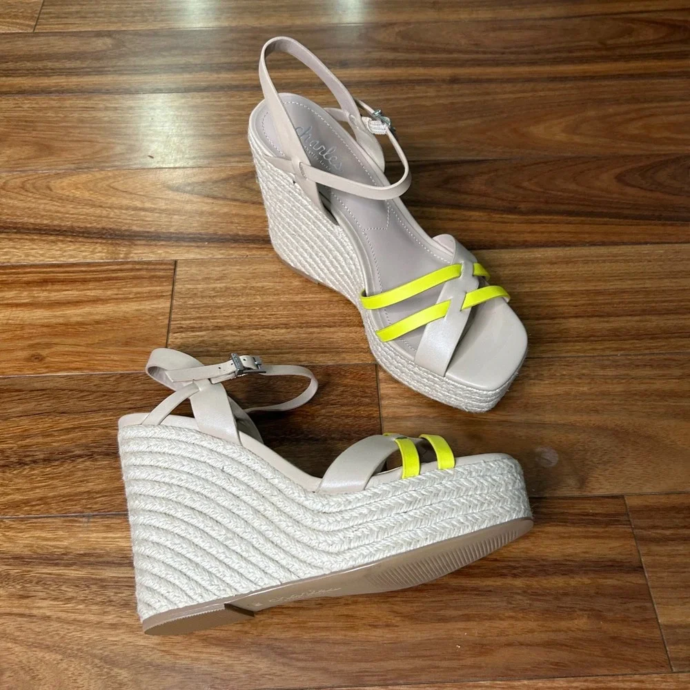 Charles by Charles David Womens Beige Neon Yellow Espadrille Platform Wedges